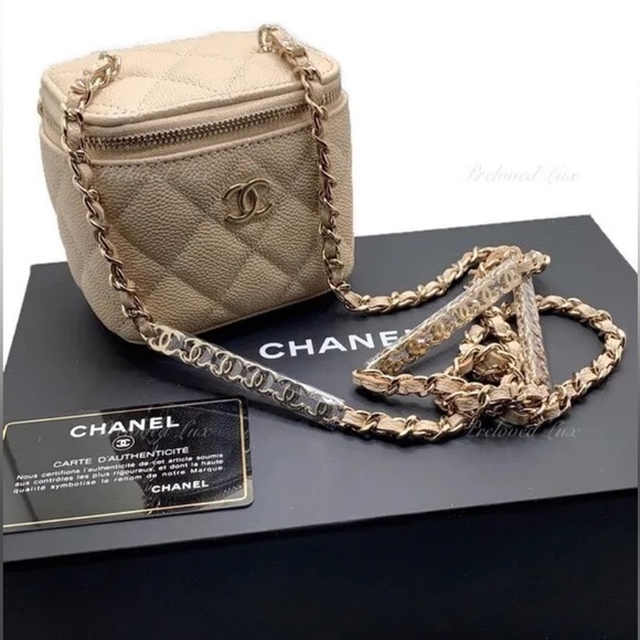 Authentic CHANEL Caviar Beige Mini Square Vanity Case CC Chain Bag Gold Hardware - Picture 2 of 9